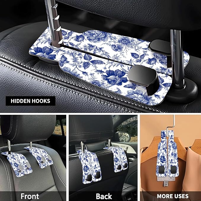 Car Seat Headrest Hook, Universal Leather Cute Hanger Holder Hook, Storage Organizer Interior Accessories for Purse Bags Handbag Luxury Blue Flowers - Image 3