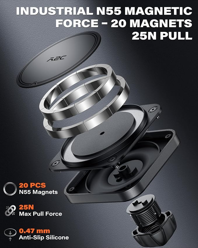 APPS2Car Magnetic Car Mount for MagSafe, Heavy Duty Phone Holder with 20 N55 Magnets, Strong Suction Cup, Adjustable Telescopic Arm, Dashboard & Windshield Mount for iPhone 12-17 Series and All Phones - Image 3