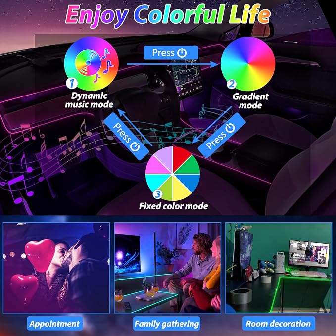 Car Led Strip Lights,Interior Lights,Ambient Lighting Kit With RGB 16 Million Colors Fiber Optics&Music Sync Rhythm,USB Neon Light Accessories for Center Console&Dashboard,Upgraded Version - Image 8
