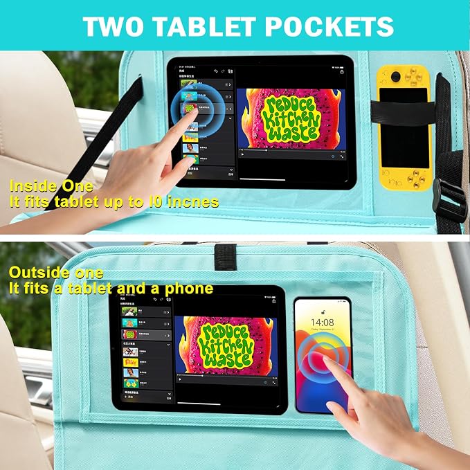 2Pack Car Backseat Organizer with Foldable Table Tray,6 Storage Pockets Car Storage Organizer with Tablet Holder,Car Seat Back Protectors Kick Mats Travel Accessories Blue - Image 3