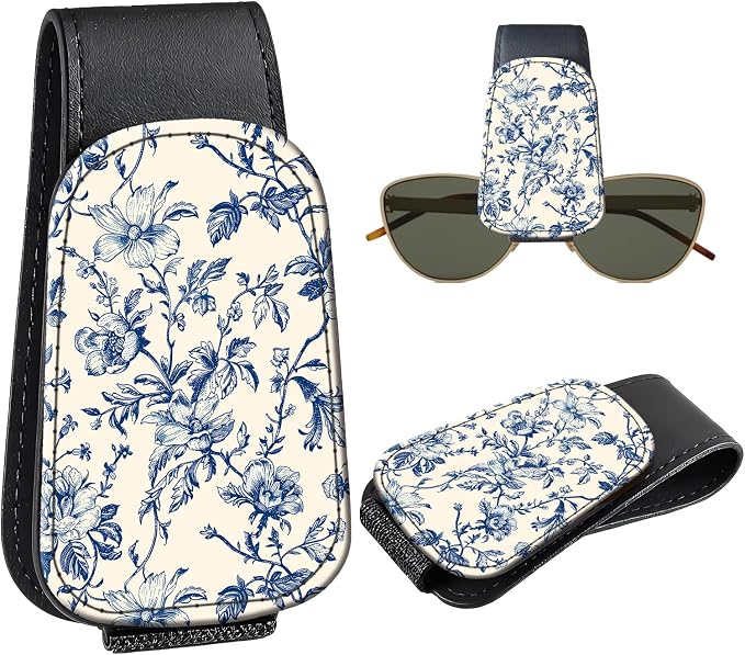 Leather Magnetic Sunglass Holder for Car Sun Visor, Cute Eyeglass Ticket Card Hanger Clip, Universal Auto Interior Accessories for SUV Pickup Truck, Blue Floral by Unknown