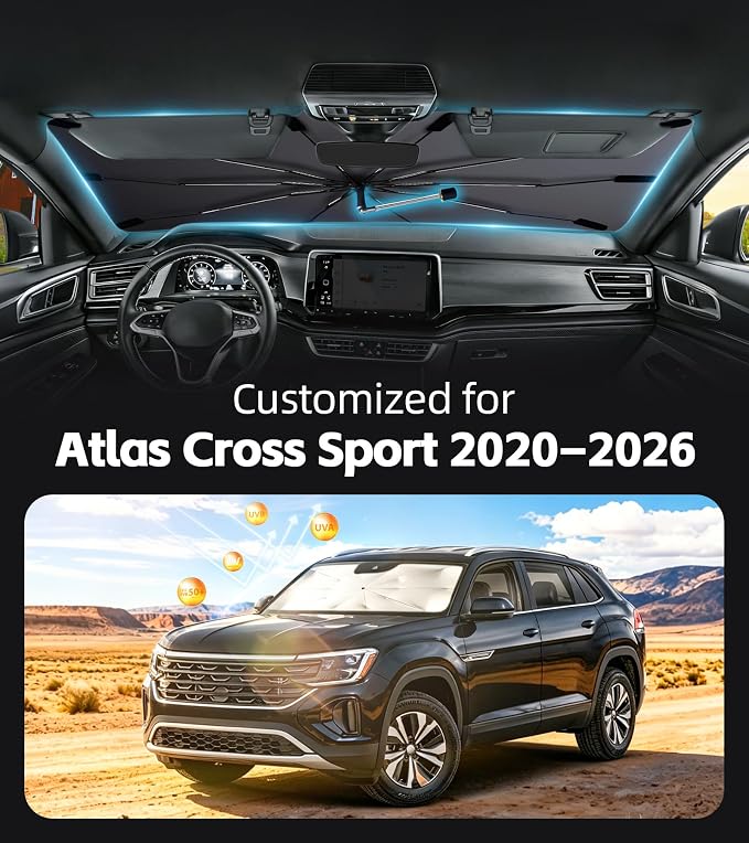 Windshield Sun Shade for Volkswagen Atlas Cross Sport 2020-2026, UPF50+ | Custom Fit Umbrella Sunshade for UV Blocking, Interior Heat Protection, Easy Storage, UPF 50+ Cool Windshield Cover - Image 2