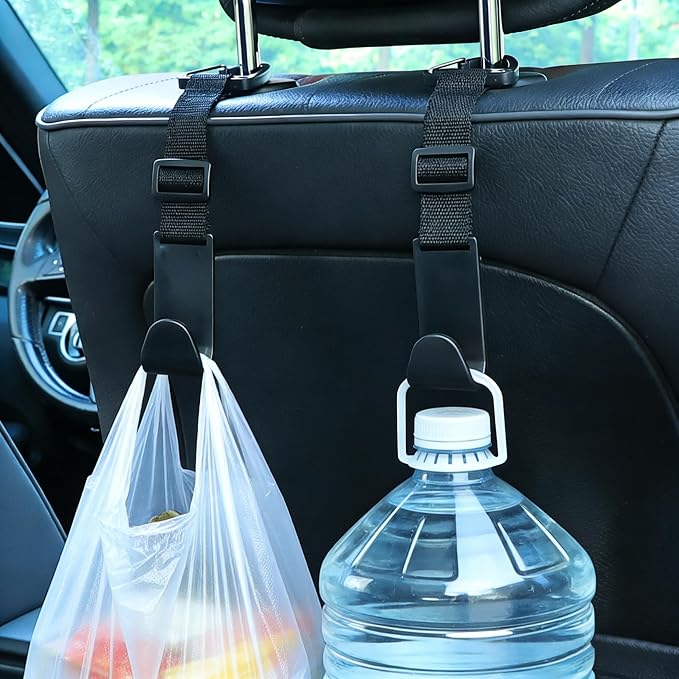 4-Pack Universal Car Headrest Hooks Anti-drop Seat Back Organizer for Bags | Adjustable Nylon Straps, Heavy-Duty Holds 40 lbs, Thickened ABS, Hanger for Handbag Backpack Groceries Water Bottle, Black - Image 4
