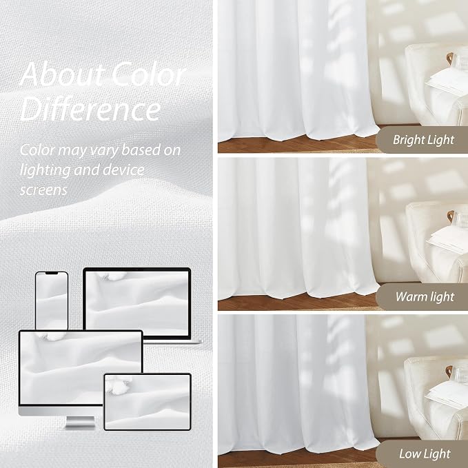 RYB HOME Linen Sheer Curtains 2 Panels for Living Room, Semi Transparent Privacy Drapes with Rod Pocket Farmhouse Style Window Treatments for Bedroom, White, 52" W x 72" L - Image 5