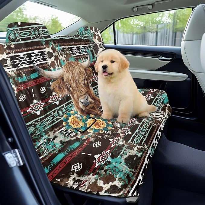 Highland Cattle Aztec American Tribal Pattern Dog Car Seat Cover for Back Seat, Auto Back Seat Cover Heavy Duty Scratch-Proof Waterproof Rear Bench Towel Seat Covers - Image 3