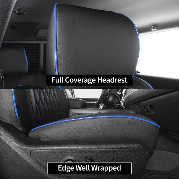 EKR Ram 1500 Seat Covers Custom Fit for RAM 1500 (Crew Cab) Laramie/Sport/Rebel 2011-2018,Waterproof Leather Black Car Seat Cover for Trucks Full Set-Faux Leather (Black with Blue Piping) - Image 5