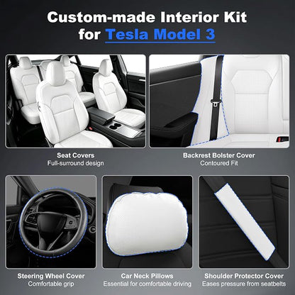 AOMSAZTO Seat Cover for Tesla Model 3 2024-2025(Not Performance) | Faux Leather,Waterproof,Airbag Compatible,5-Pieces Set with Seatbelt,Steering Wheel Covers,Side Bolster Cover&Headrests-Black - Image 3