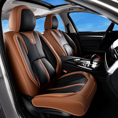 Huidasource Seat Covers Luxury Nappa Leather, Car Seat Covers Full Set with Velcro Adjustable, Airbag, Lumbar Support, Cooling＆Heating, Brown Car Seat Cover Fit for Most Cars SUV Trucks, Brown＆Black - Image 2