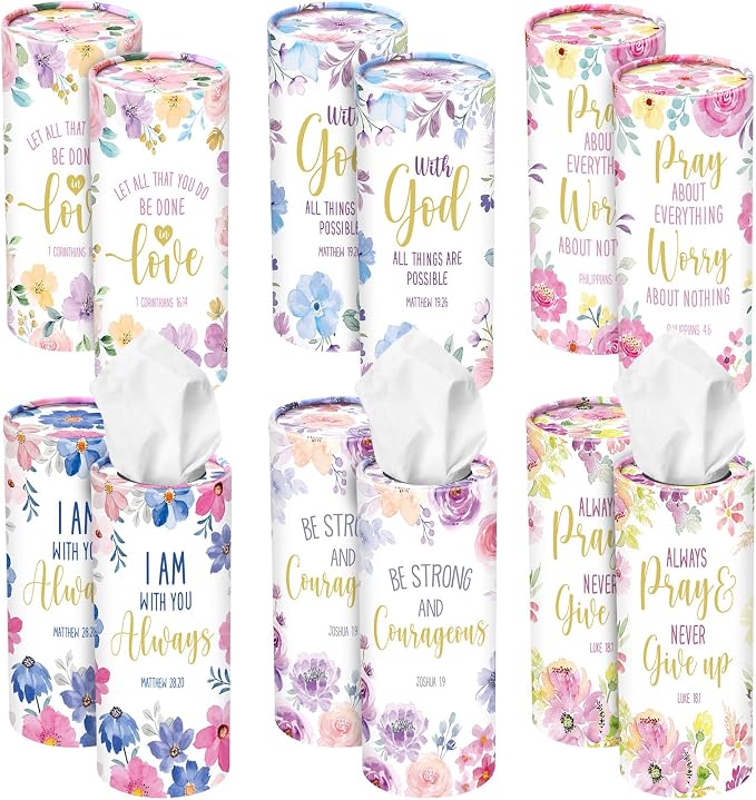 Outus 12 Pcs Floral Christian Car Tissues Cylinder Holder with 3 Ply Facial Tissue Bulk Inspirational Bible Verse Tissue Holder Flower Religious Travel Tissues Boxes Container for Car Cup Home Office by Outus