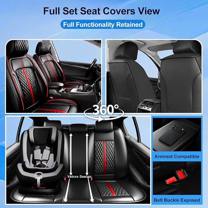 Fit Compass Seat Covers Custom Fit for Jeep Compass 2007-2026, Full Set | Premium Leather Full Coverage Protectors, Waterproof, Breathable, Scratch Resistant, Easy Wipe, Airbag Compatible, RedTrim - Image 2