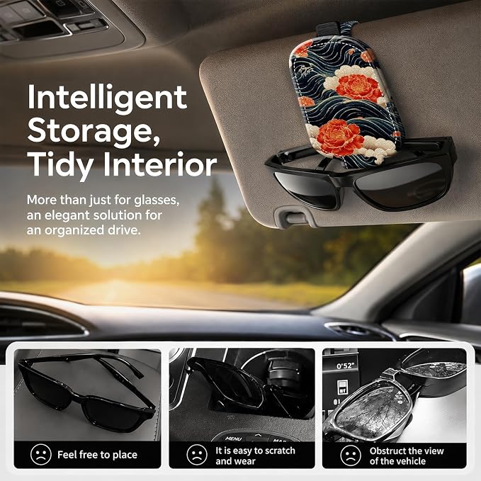 Sunglasses Holder for Car Visor, PU Leather Glasses Clip Organizer, Cute Magnetic Eyeglass Holder for Vehicle Sun Visor, Car Interior Accessory for Women & Men, Flower Wave - Image 2