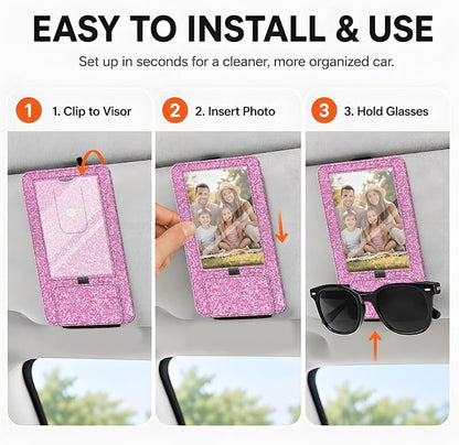 2-in-1 Car Visor Sunglasses & Photo Holder, Magnetic PU Leather Glasses Clip with Picture Display Slot, Universal Sun Visor Organizer for Eyeglasses, Personalized Cards & Memories, Light Pink Glitter - Image 4
