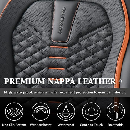 Coverado Leather Seat Covers, Car Seat Covers Full Set, Nappa Leather Seat Covers for Cars, Car Seat Protectors Waterproof, 5 Seats Black&Orange Automotive Seat Covers Fit for Most Cars Trucks - Image 5
