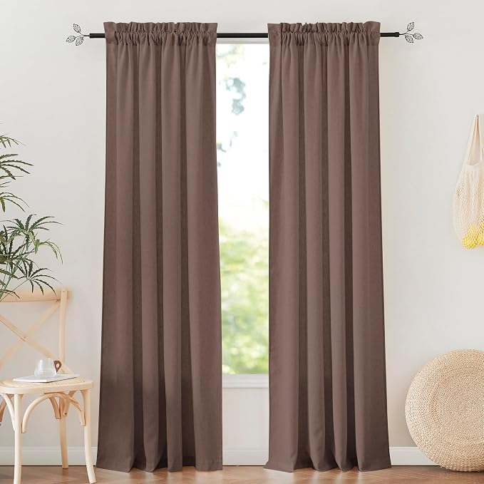 RYB HOME Linen Sheer Curtains 2 Panels for Living Room, Semi Transparent Privacy Drapes with Rod Pocket Farmhouse Style Window Treatments for Bedroom, Brown, 52" W x 84" L by RYBHOME