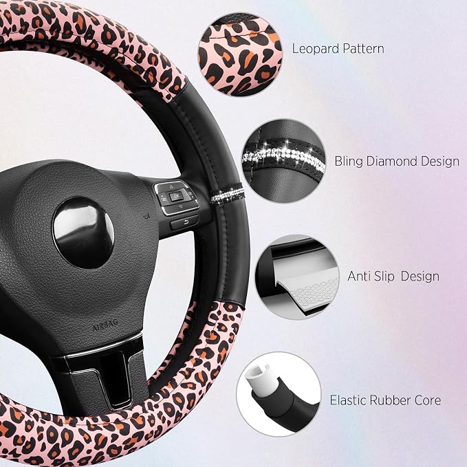 Road Comforts Leopard Steering Wheel Cover for Women, Cute Anti-Slip Microfiber Leather, Fits 14.5-15 Inch Steering Wheel 14.5-15 Inch - Black and Pink Cheetah - Image 4