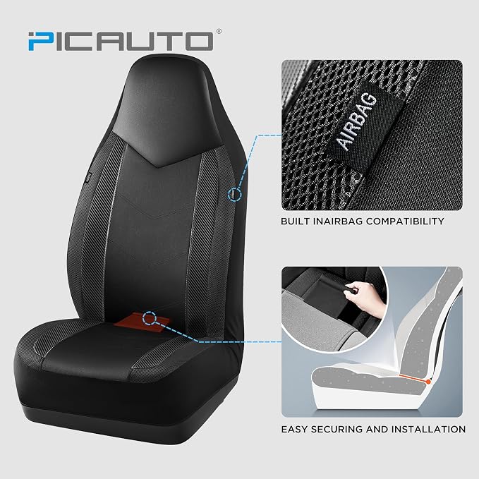 PIC AUTO Leather Car Seat Covers, Sports Carbon Fiber & Mesh Design, High-Back Two Front Set, Waterproof Automotive Seat Covers, Airbag Compatible, Universal Fit for Most Cars (Black & Black) - Image 3