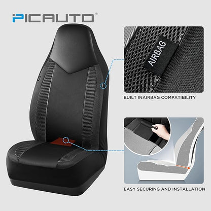 PIC AUTO Leather Car Seat Covers, Sports Carbon Fiber & Mesh Design, High-Back Two Front Set, Waterproof Automotive Seat Covers, Airbag Compatible, Universal Fit for Most Cars (Black & Black) - Image 3
