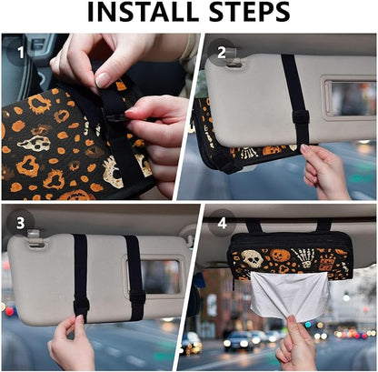 Car Tissue Holder Car Napkin Holder Car Tissue Box Dispenser Storage Case Sun Visor Mask Holder with Adjustable Straps Reusable Refillable Halloween Leopard Pumpkin Skull Brown - Image 5