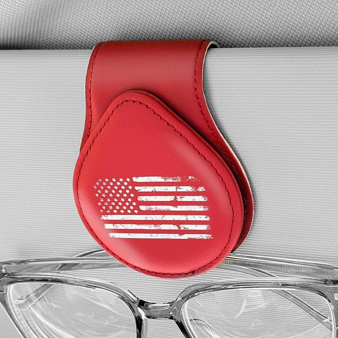 American Flag - Car Sunglass Holder, Magnetic Leather Eyeglass Hanger Mount Clip Holder for Car Visor Accessories (Wine Red) | Magnetic Leather by Unknown
