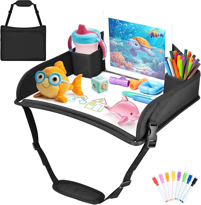 Kids Travel Tray for Car Seat, Road Trip Activities, Black | With 16.7" x 13.4" Smooth Dry Erase Board, Cup holders, Ddjustable Strap & Shoulder Carry Strap by AZAMIA