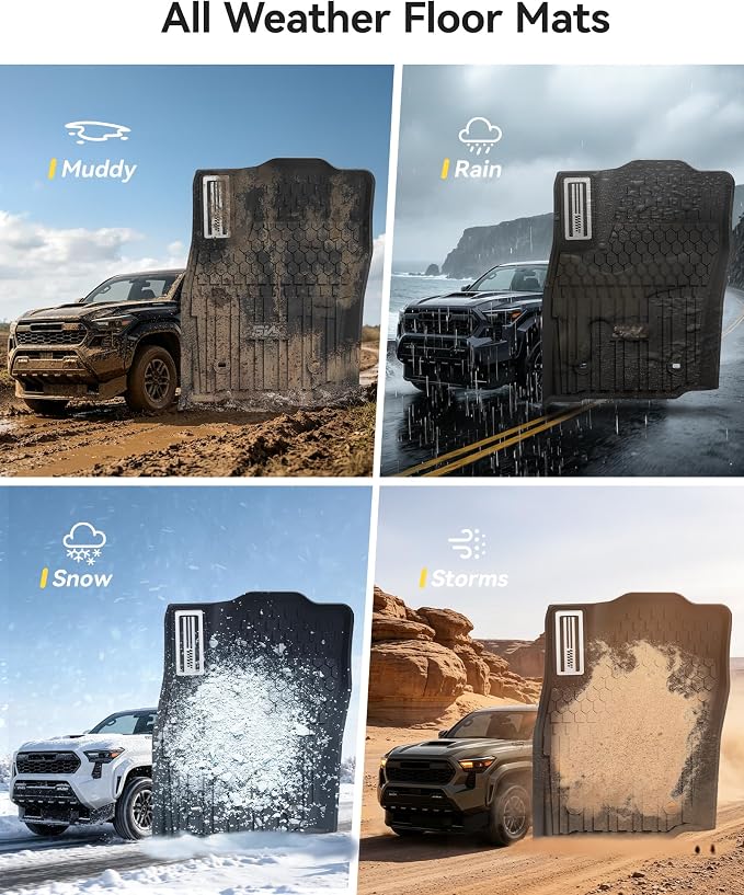 3W Floor Mats for Toyota Tacoma Hybrid 2024-2026 with Metal Pedals | TPE All Weather Custom Fit Liners, 1st & 2nd Row Full Set, Easy Clean, Black - Image 9