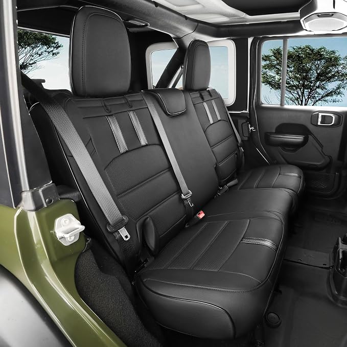 coverdream Wrangler Seat Covers Full Set for Jeep Wrangler 2018-2026 Rubicon,Sport,Sahara,Rear Split Seat w/No Armrest,Fully Covered,Luxury Waterproof Leather Car Seat Protector(Black & Carbon Fiber) - Image 7
