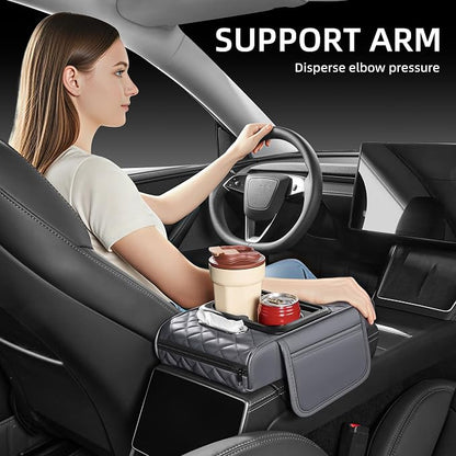 5 in 1 Nappa Leather Console Armrest Cover, Gray | Built-in cup holder, tissue slot, phone holder & 2 storage pockets, practical car accessories fit SUV sedan truck - Image 4