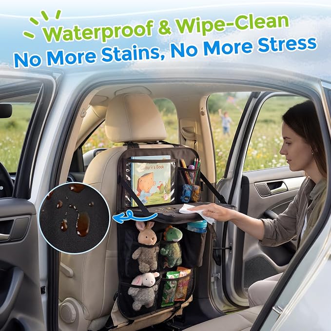 Tsumbay Backseat Car Organizer with Foldable Tray, 9 Pockets, Kick Mat Seat Protector, 18KG Capacity, Waterproof Oxford Fabric for Kids, Family Travel - for Car, SUV, Van (Oxford-2Pck) - Image 5