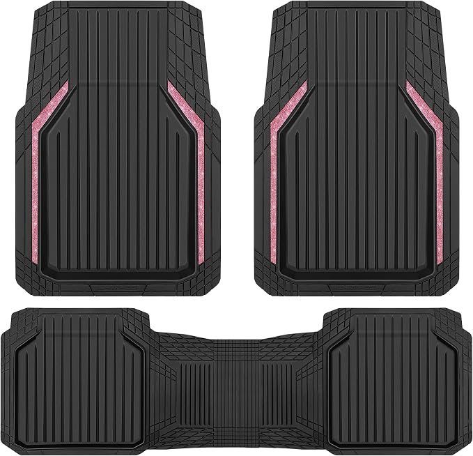 CAR PASS Pink Heavy Duty Rubber Floor Mats for Car, Waterproof Liner Deep Dish Bling Car Mats Full Sets, Universal Trim to Fit for SUV Truck Sedans Vans, All Weather Floor Mats, Pink Sparkly by CARPASS