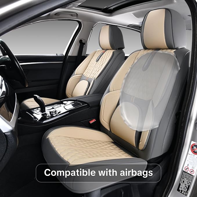 Khaki Car Seat Cover Complete Set, Universal Car Seat Cover for Car with Lumbar Support, Premium Artificial Leather, Waterproof and Easy to Clean, Airbag Compatible, Seat Heating Compatible - Image 5