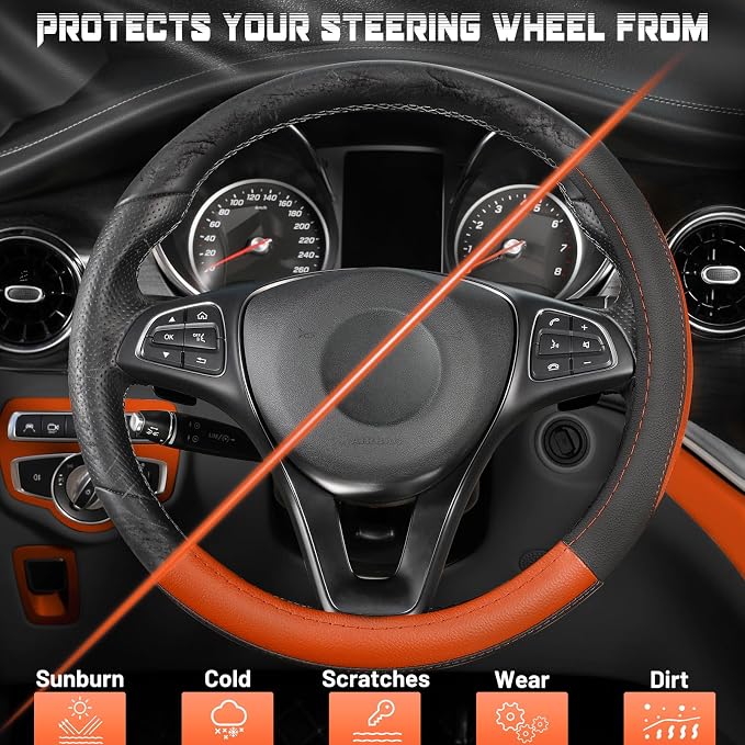 SEG Direct Steering Wheel Cover 14.5-15 inch Car Auto Interior Accessories | Universal Medium Standard Size 37-39cm for Car Truck SUV, Microfiber Leather, Anti-Slip Comfortable Grip, Black and Orange - Image 4