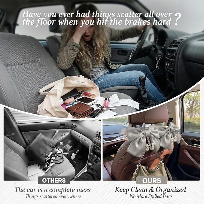 2PCS Satin Bow Pearl Car Seat Headrest Hooks – Car Bag Holder & Vehicle Hanger for Purses – Cute Coquette Aesthetic Interior Decoration – Cute Auto Organizer Accessories Universal (Moonlight Grey) - Image 4