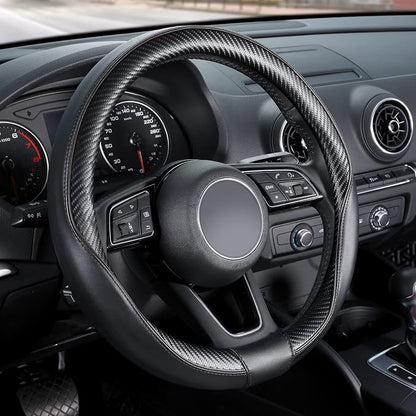 SEG Direct Steering Wheel Cover 14"-14.25" Heavy-Duty, Black Carbon Fiber | 35.5-36cm for Prius Civic Model 3 Model Y Camaro, Microfiber Leather Carbon Pattern, Non-Slip Car Auto Interior Accessories by SEGDirect