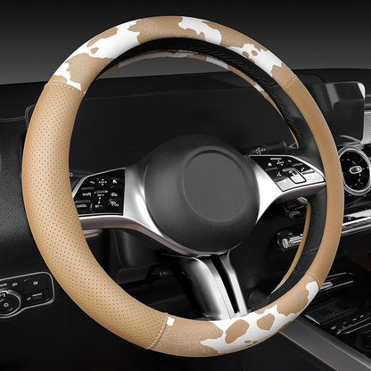 CAR PASS Cow Print Faux Leather Car Seat Covers & Cow Car Mats & Cow Steering Wheel Cover Seat Belt Pads Universal fit for SUV,Van,Saden,Truck Cute Car Accessories Automobile Interior Sets All Beige - Image 8
