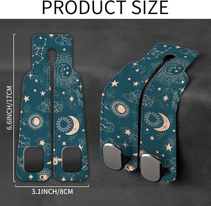 Car Seat Back Storage Headrest Hook, Premium Leather Double Metal Hook, Hanger Storage Organizer for Purse Cloth Bag, Car Interior Accessories Cute Blue Sun Boho - Image 5