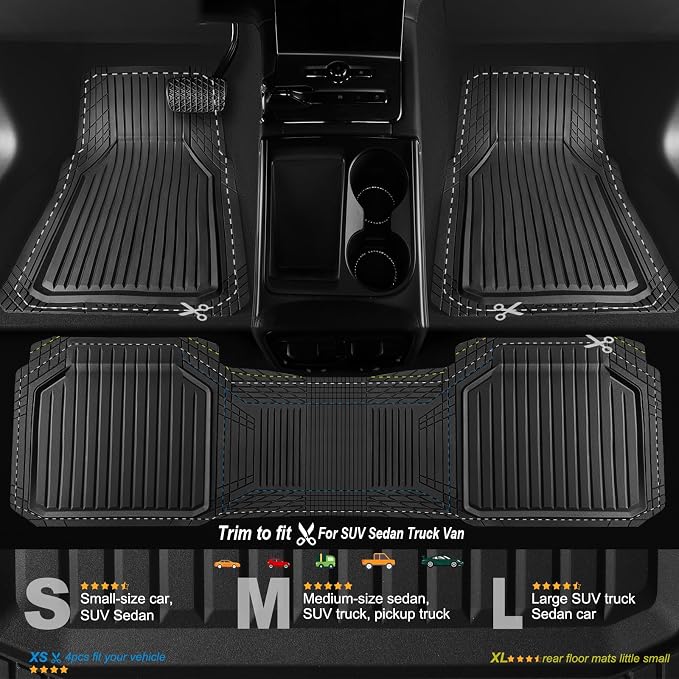 CAR PASS Heavy Duty Rubber Floor Mats for Car, Waterproof Liner Deep Dish Car Mats Full Sets, Universal Trim to Fit for SUV Truck Sedans Vans, All Weather Automotive Floor Mats 3pcs, Solid Black - Image 2