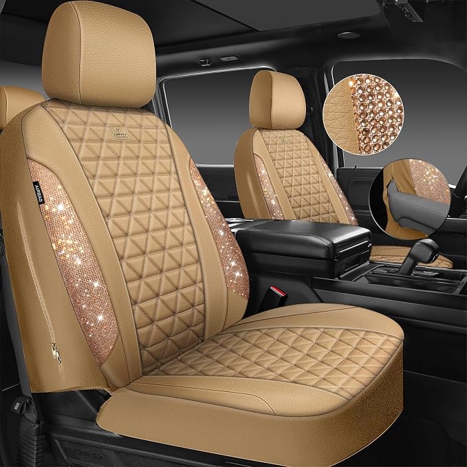 CAR PASS Bling Diamond Beige Leather Car Seat Covers Full Sets Interior Set, Waterproof Shining Glitter Sparkly Crystal Universal Armrest Fit for Automotive Truck SUV Cute Women Girl, Beige Rhinestone - Image 2