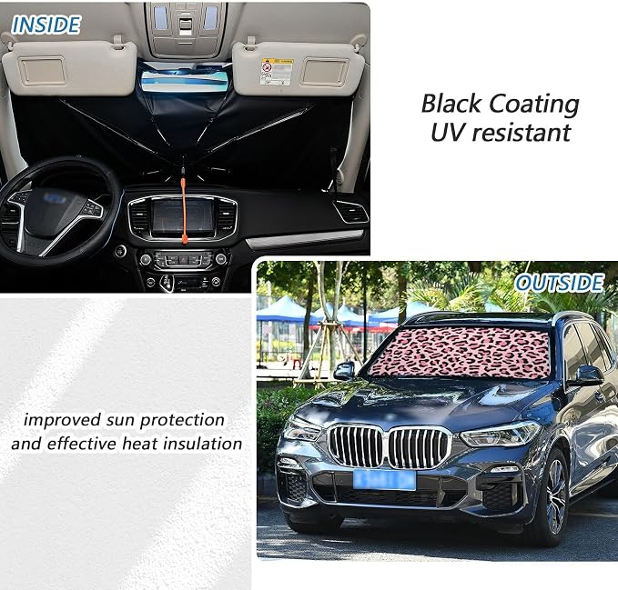 Leopard Print Windshield Sun Shade Umbrella Pink Animal Skin Foldable Car Front Window Sunshade Blocks UV Rays Heat Keep Vehicle Cool (55" x 27.5") - Image 3