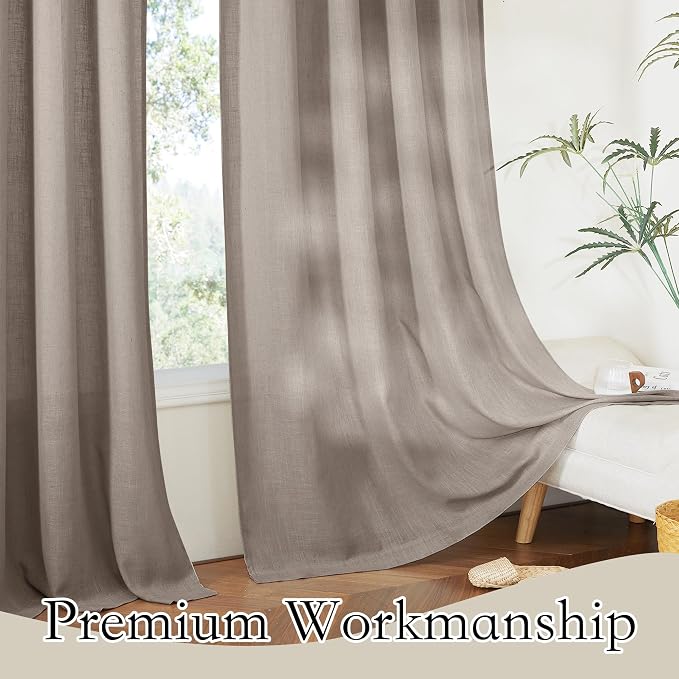 RYB HOME Privacy Sheer Curtains for Living Room, Linen Textured Semi Sheer for Bedroom Window Treatment Panels Light Glare Filtering, Birch Brown, Width 52 x Length 90 per Panel, 1 Pair - Image 4