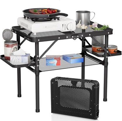 Titanker Folding Grill Table Small 2ft with Iron Mesh Top Heatproof, Small Camping Table Portable with Side Racks & Net, Folding Picnic Table, Beach Table, Car Camping Essentials, Light Aluminum by Titanker
