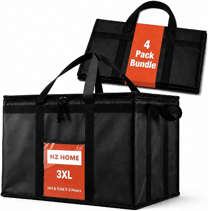 NZ home Insulated Food Bag, Portable Cooler Tote (3XL, Black, 4 Pack) | Large thermal bag, For cold & hot food, Soft sided cooler, Heavy duty carrier, Grocery shopping, Food delivery, Catering bag by NZhome