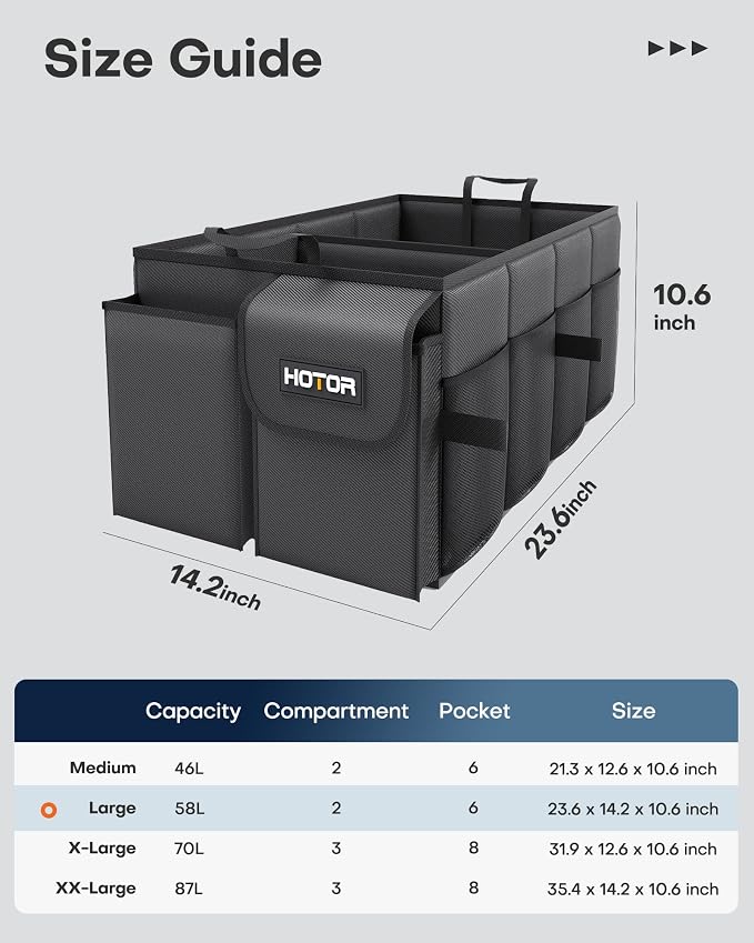 HOTOR Trunk Organizer - Foldable Car Organizer for SUVs & Sedans Storage | Sturdy Car Organization for Men & Women, Car Accessories, Tools, Sundries, Black, 2 Compartments, 23.6" x 14.2" x 10.6" - Image 3