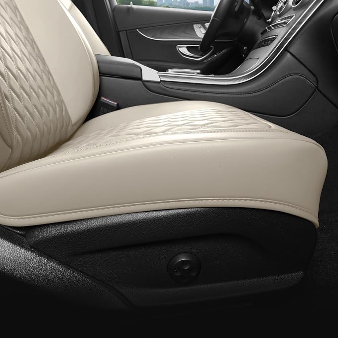 Beige Thick Nappa Leather Automotive Front Car Seat Covers Set of 2 | Univerasal Fit,3D Contoured,Full Coverage,Waterproof,ThickTexture Nappa Leather,for most Suvs Trucks Sedans - Image 9