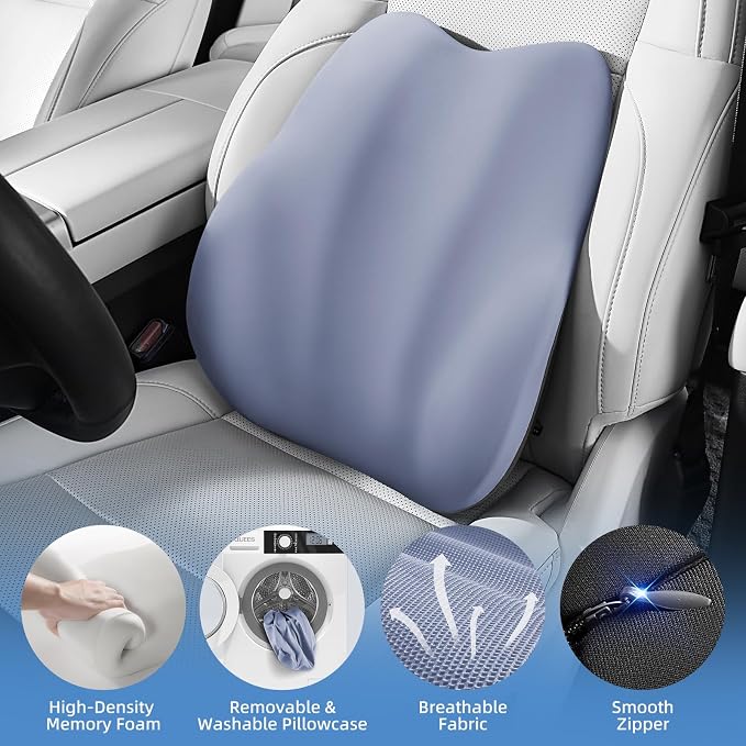 BEBAS Ergonomic Lumbar Support Pillow for Car, Memory Foam Car Back Cushion | Comfort Lumbar Pillow for Back Pain Relief, Breathable Washable Cover, Fits for Driving, Office, Wheelchair, Blue - Image 3