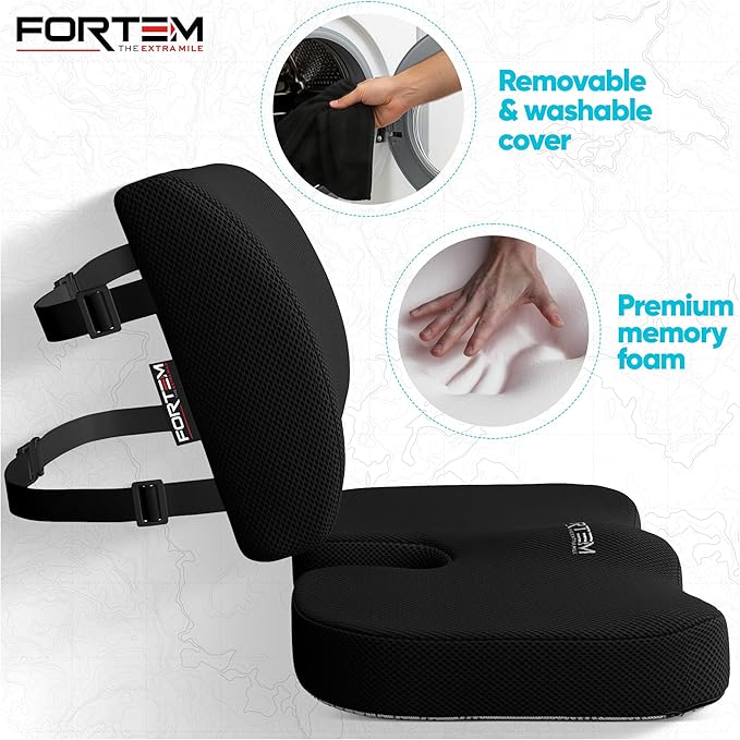 FORTEM Seat Cushion & Lumbar Support for Office Chair, Wheelchair, Car | Memory Foam | Ergonomic Design | Washable Cover | Non Slip | Black - Image 3