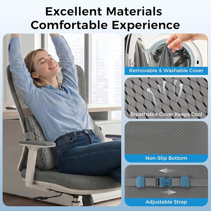 Lumbar Support Pillow for Car & Office Chair - High-Density Memory Foam for Sciatica & Lower Back Pain Relief - Non-Slip Back Support Cushion for Long Commutes & Desk Workers (4D Mesh Gray) - Image 4