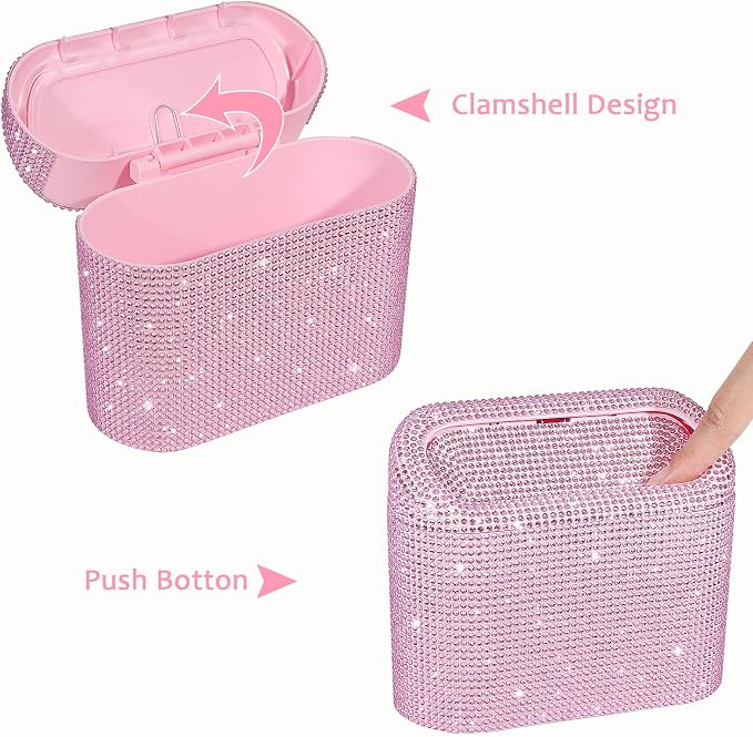 Accmor Bling Car Trash Can with Lid, Leak-Proof Mini Vehicle Trash Bin Automotive Dustbin Organizer Storage, Sparkling Crystal Trash Bag Container with 30pcs Garbage Bags for Car, Home, Office (Pink) - Image 3
