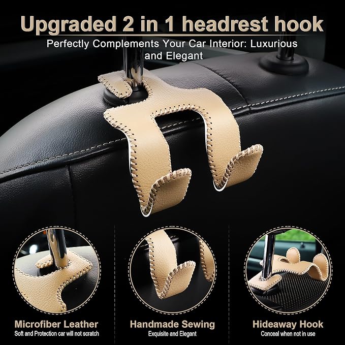 LivTee Upgraded Superior Leather Car Seat Back Headrest Hook, 2 in 1 Auto Seat Hook Hangers Holder Organization Interior Accessories for Purses Coats Umbrellas Grocery Bags Handbag (Beige) - Image 2