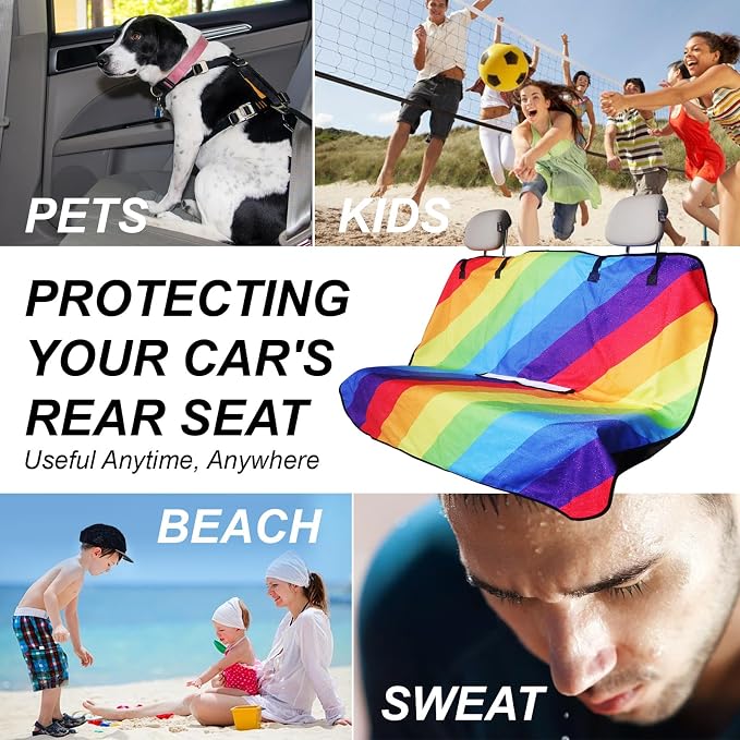 Sweat Towel Car Seat Cover Protector Front Seats for Gym Workout, Running, Swimming, Beach and Hiking, Waterproof Universal Seat Cover for Car, Trucks, Van & SUV (1, Rainbow, Rear Seat) - Image 4