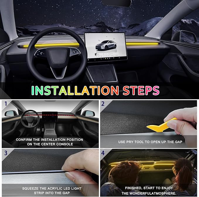 Acrylic Interior Car LED Strip Light with 6mm Sewing Edge - 43.3 inches Ambient Lighting Kits,Neon LED Strip Light(110CM/43.3IN, Yellow) - Image 6